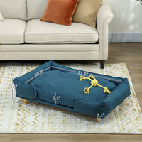 HKM-9687485 Large Dog Couch with Removable Cushion, Pine Wood Legs, Dark Blue Design for Indoor Comfort