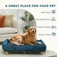 HKM-9687485 Large Dog Couch with Removable Cushion, Pine Wood Legs, Dark Blue Design for Indoor Comfort