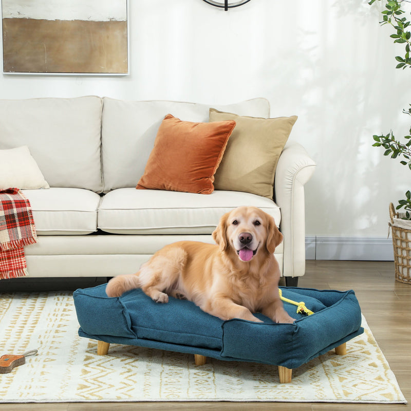 HKM-9687485 Large Dog Couch with Removable Cushion, Pine Wood Legs, Dark Blue Design for Indoor Comfort