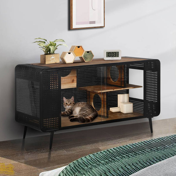 HKM-9692477 Spacious Cat House with Tempered Glass Doors and Modern Design for Indoor Use