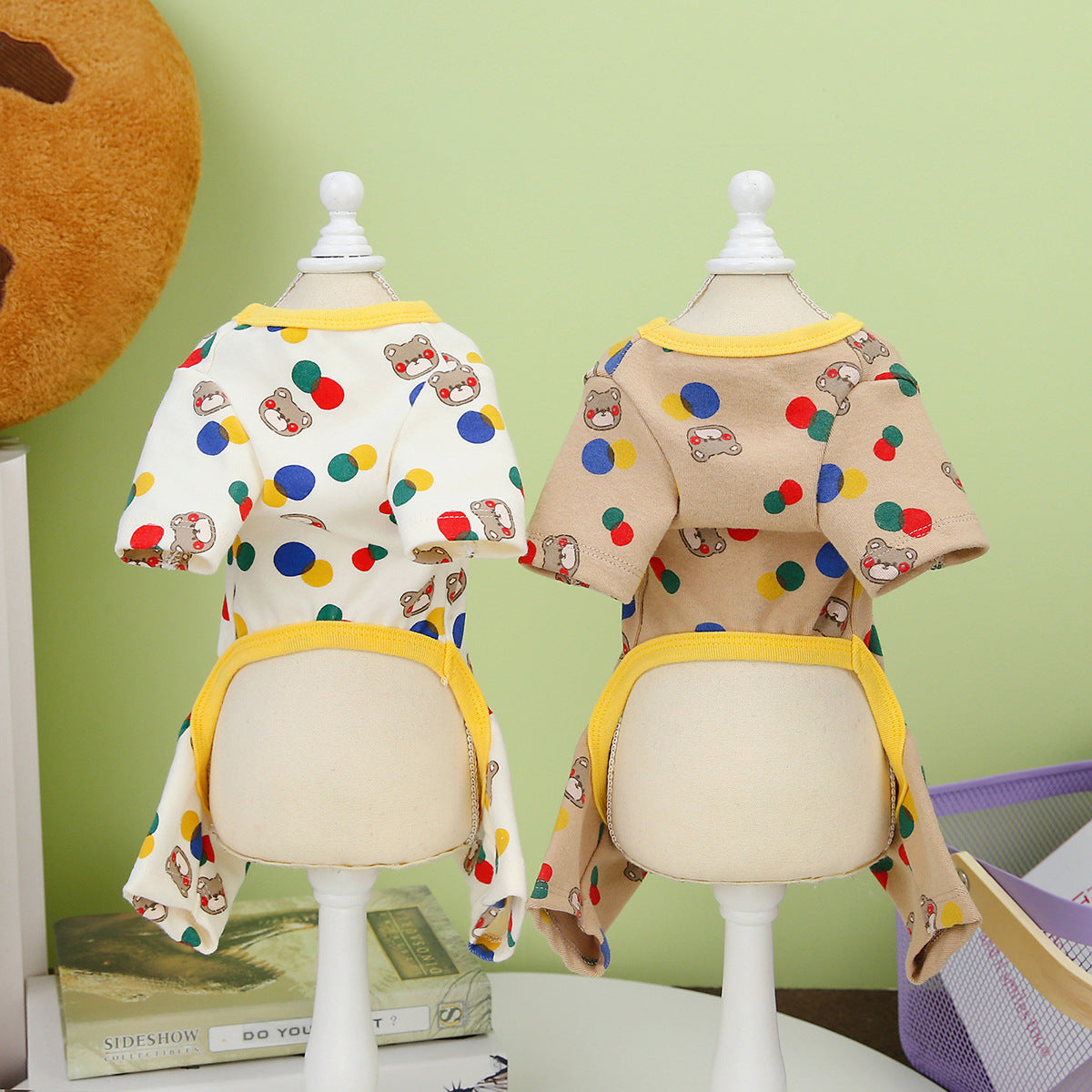 HKM-9699645 Colorful Bear Print Cotton Spandex Dog Clothes in Beige and Light Brown
