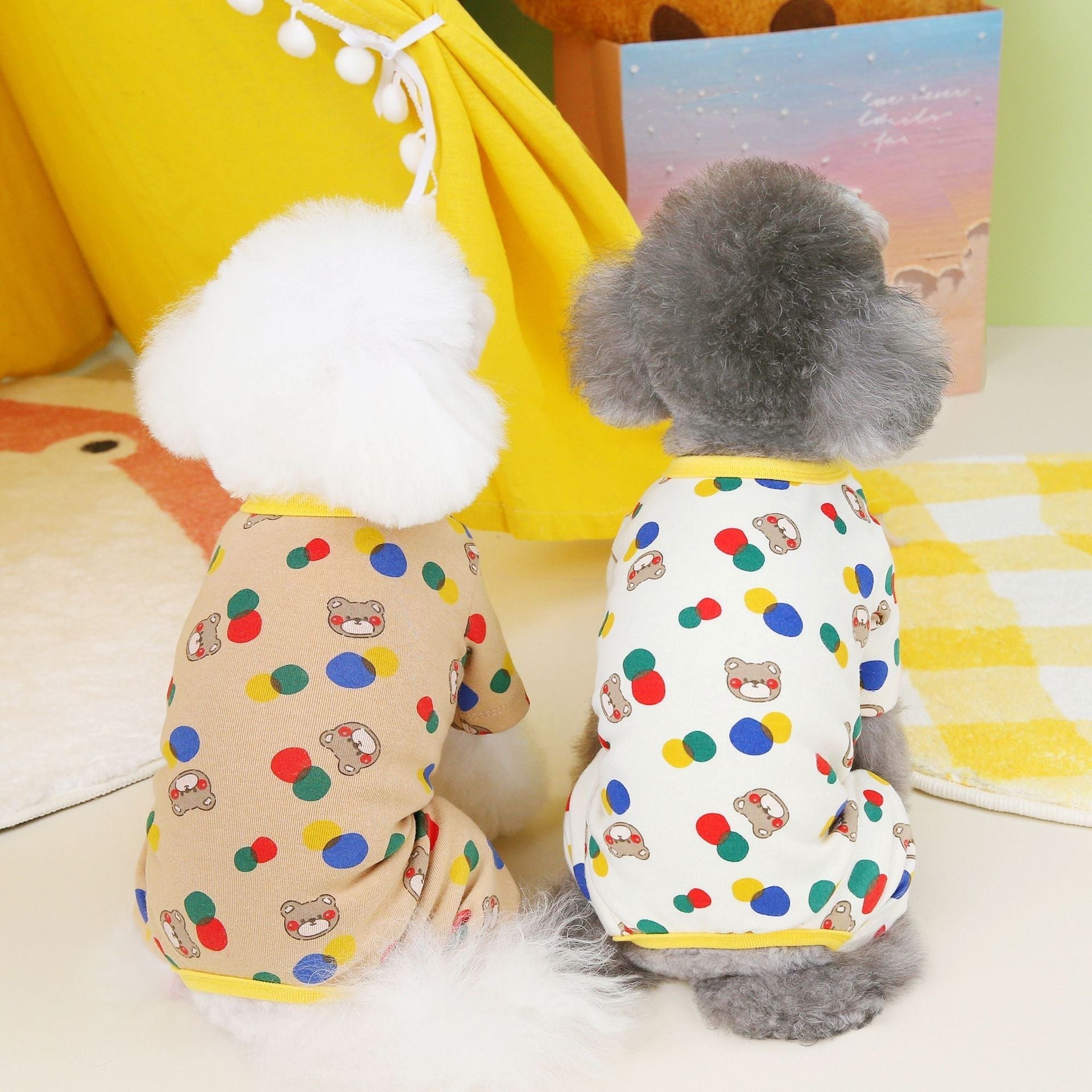 HKM-9699645 Colorful Bear Print Cotton Spandex Dog Clothes in Beige and Light Brown