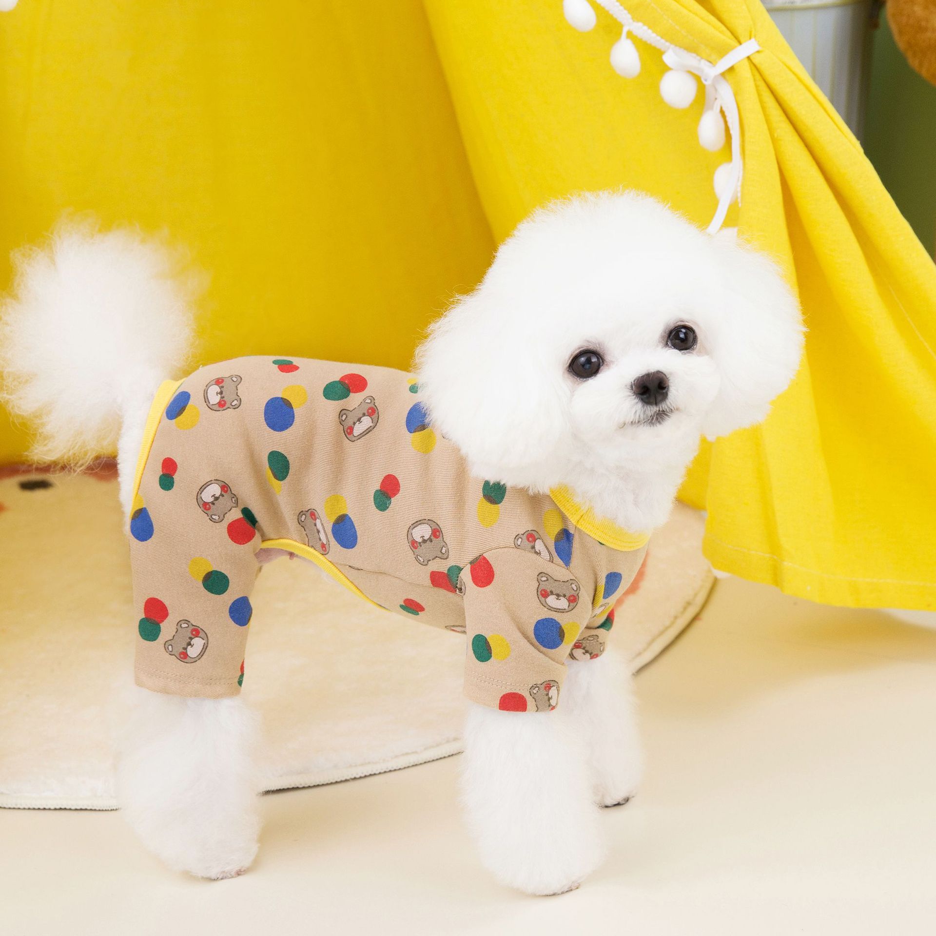 HKM-9699645 Colorful Bear Print Cotton Spandex Dog Clothes in Beige and Light Brown