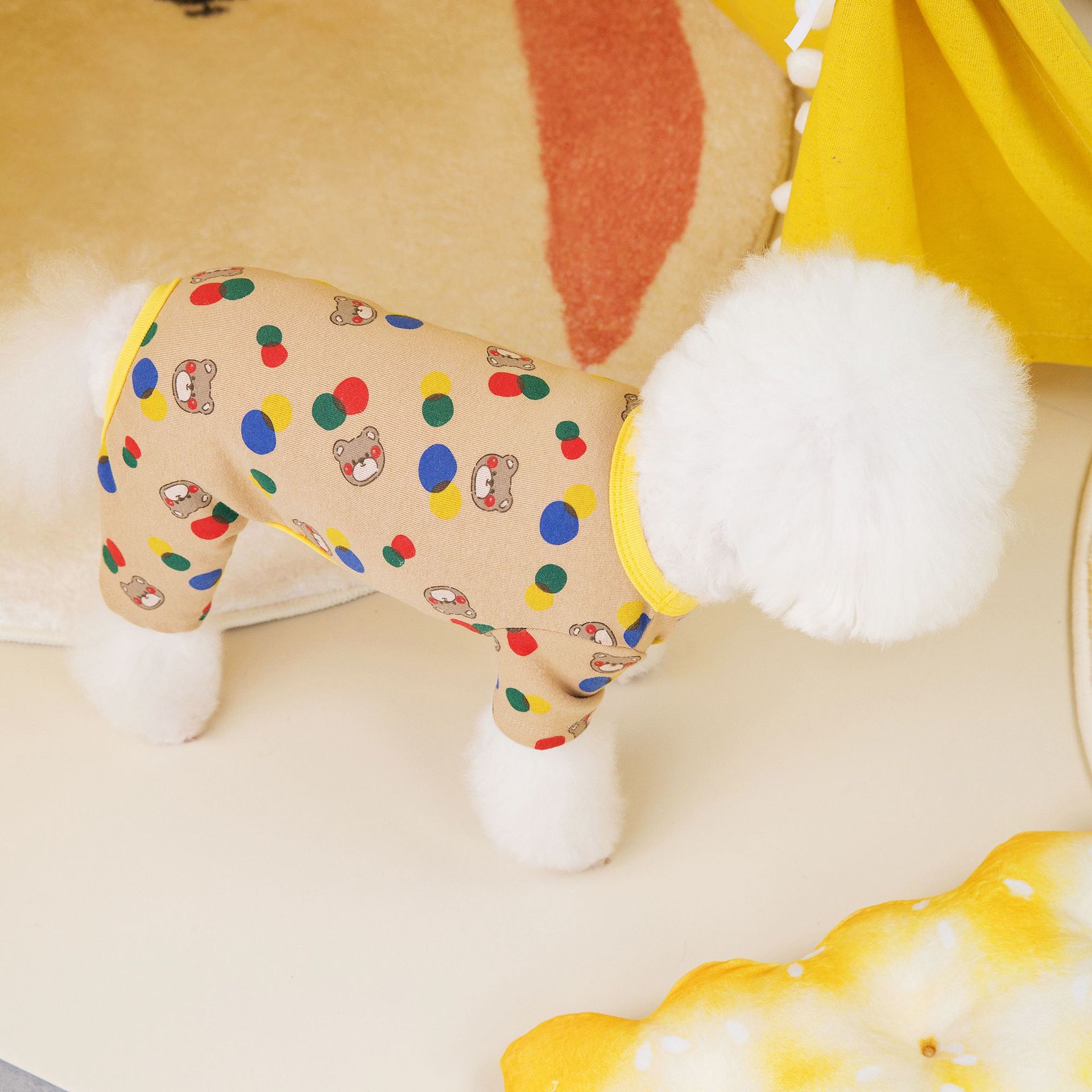 HKM-9699645 Colorful Bear Print Cotton Spandex Dog Clothes in Beige and Light Brown