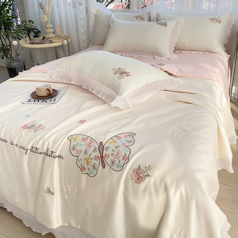 HKM-970323 Korean Ice Silk Summer Quilt Set with Embroidery Lace - Cool Fiber, Multiple Colors