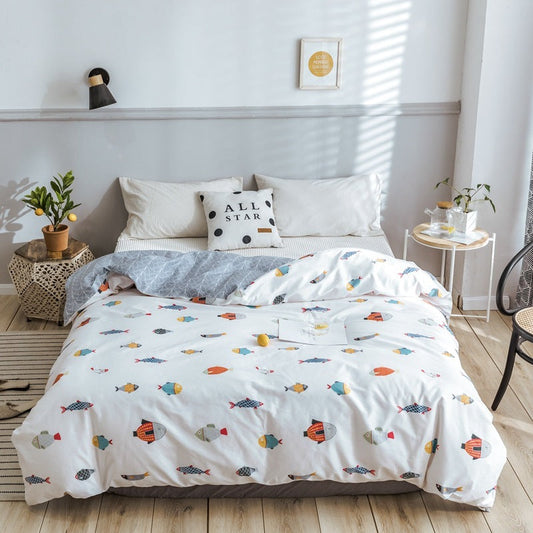 HKM-970643 Korean Floral Cotton Quilt Cover Set - Soft and Breathable Bedding in Plant Print - Size 220x240 cm