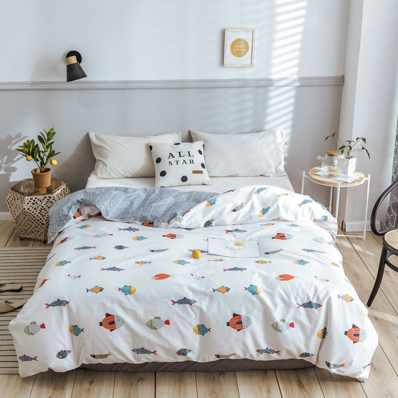 HKM-970643 Korean Floral Cotton Quilt Cover Set - Soft and Breathable Bedding in Plant Print - Size 220x240 cm