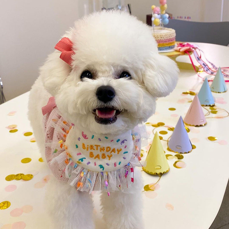 HKM-9707709 Pet Birthday Bib and Hat Set for Dogs - Bichon Triangle Scarf, Polyester Material, Various Sizes Available