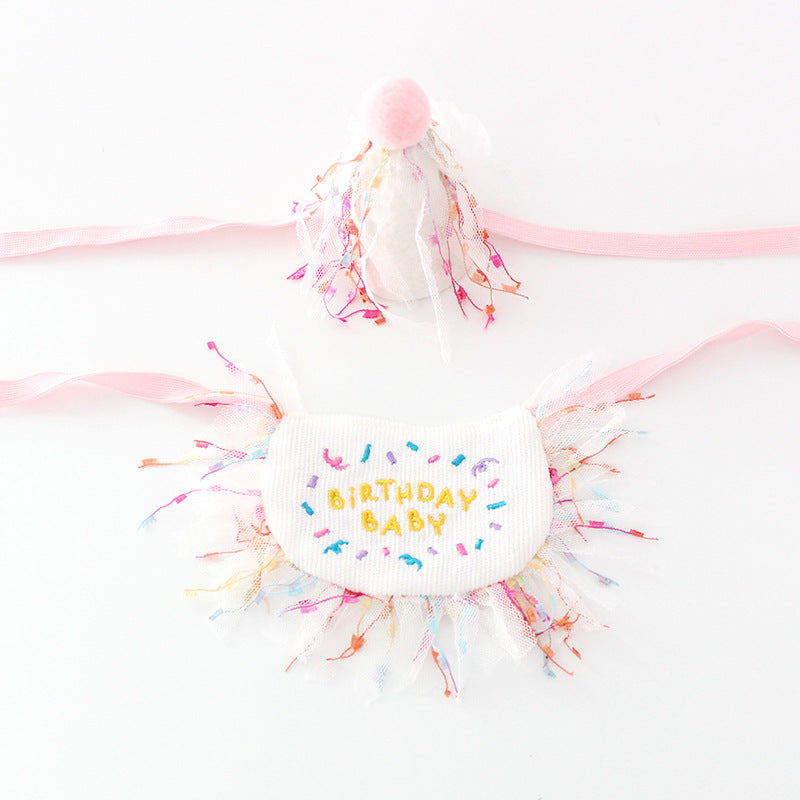 HKM-9707709 Pet Birthday Bib and Hat Set for Dogs - Bichon Triangle Scarf, Polyester Material, Various Sizes Available