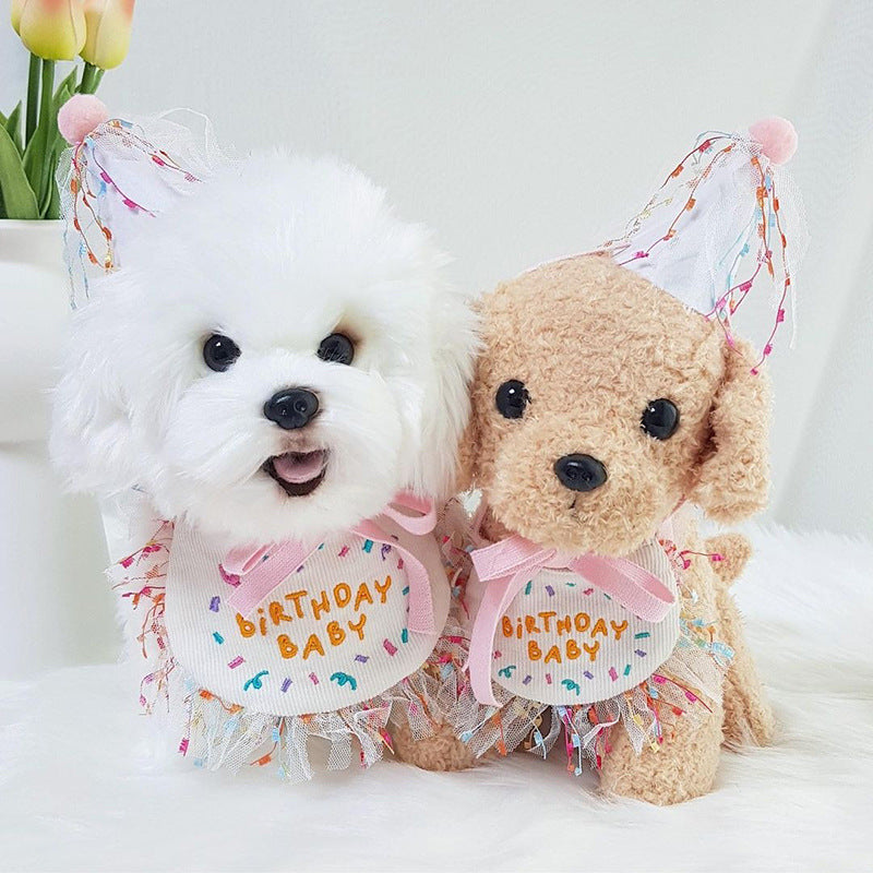 HKM-9707709 Pet Birthday Bib and Hat Set for Dogs - Bichon Triangle Scarf, Polyester Material, Various Sizes Available