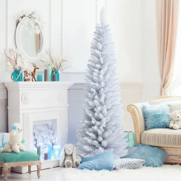 HKM-970771 6 Feet Slim White Artificial Christmas Tree with Metal Stand for Elegant Holiday Decor