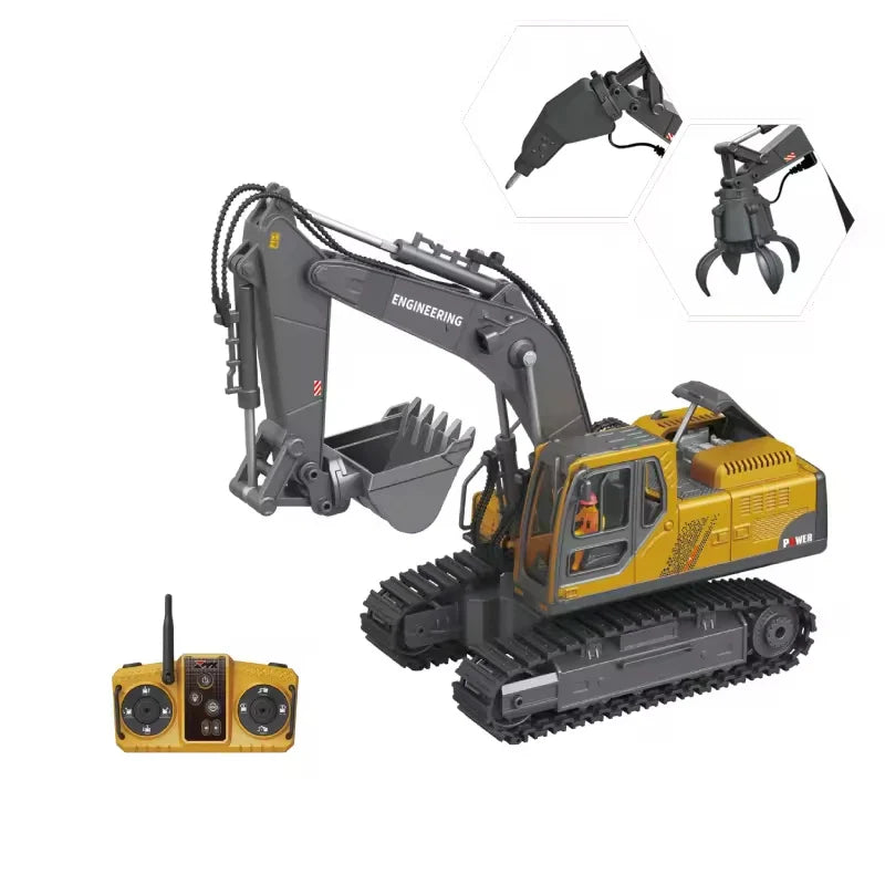 HKM-970899 14-Channel Electric Alloy Tracked Remote Control Excavator with Drill, Gripper, and Digger for Ages 5+