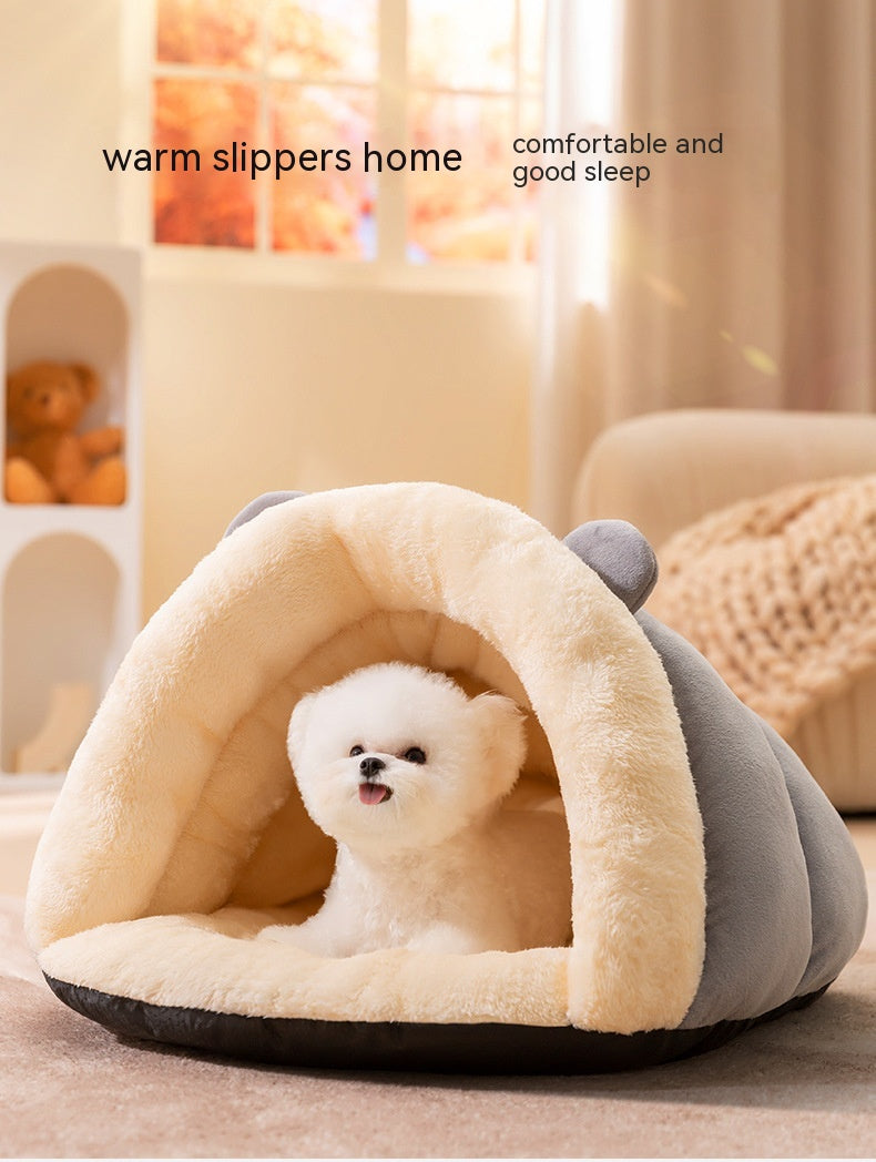HKM-9710141 Cozy Round Ears Plush Slippers for Dogs - Soft Comfortable Mat in Gray and Green