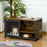 HKM-9711549 Rustic Brown Wooden Pet Crate with Cushion, Indoor Furniture-Style Dog Cage and Cat House with Sliding Doors
