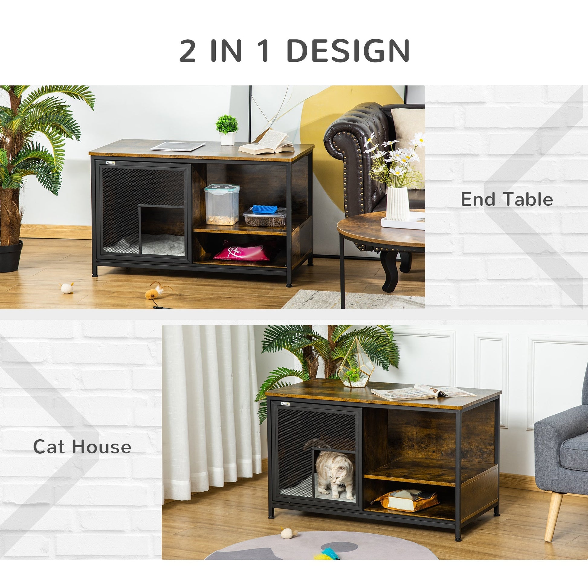 HKM-9711549 Rustic Brown Wooden Pet Crate with Cushion, Indoor Furniture-Style Dog Cage and Cat House with Sliding Doors