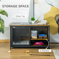 HKM-9711549 Rustic Brown Wooden Pet Crate with Cushion, Indoor Furniture-Style Dog Cage and Cat House with Sliding Doors