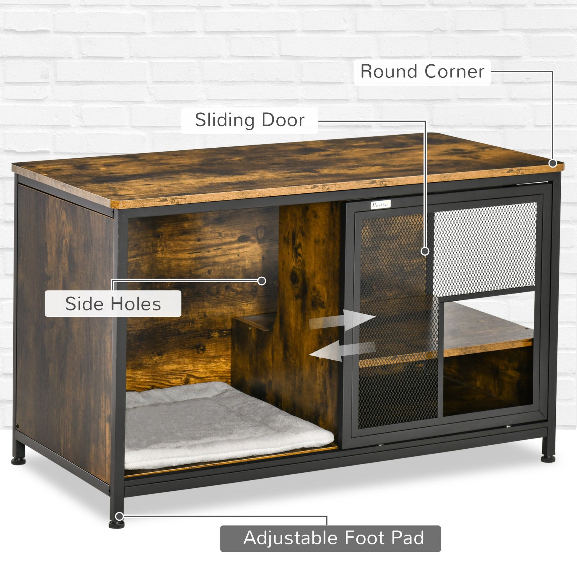 HKM-9711549 Rustic Brown Wooden Pet Crate with Cushion, Indoor Furniture-Style Dog Cage and Cat House with Sliding Doors