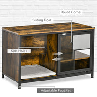 HKM-9711549 Rustic Brown Wooden Pet Crate with Cushion, Indoor Furniture-Style Dog Cage and Cat House with Sliding Doors