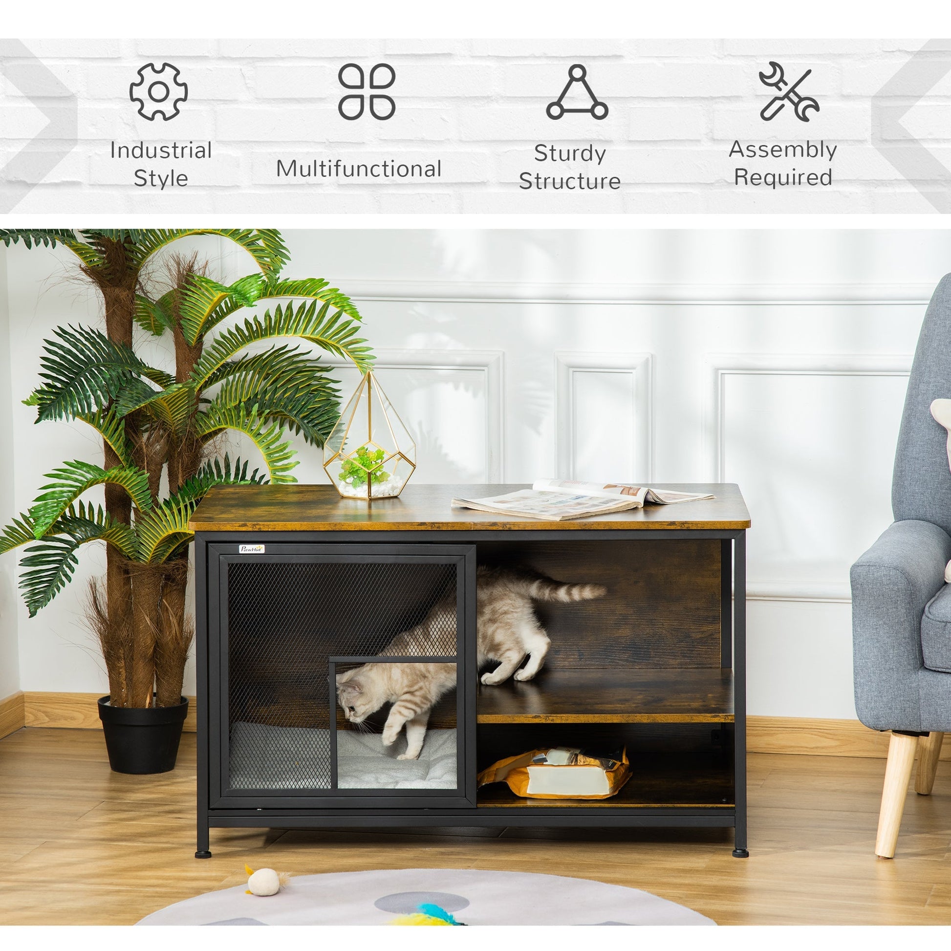HKM-9711549 Rustic Brown Wooden Pet Crate with Cushion, Indoor Furniture-Style Dog Cage and Cat House with Sliding Doors