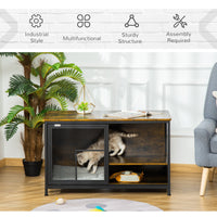 HKM-9711549 Rustic Brown Wooden Pet Crate with Cushion, Indoor Furniture-Style Dog Cage and Cat House with Sliding Doors