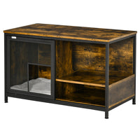 HKM-9711549 Rustic Brown Wooden Pet Crate with Cushion, Indoor Furniture-Style Dog Cage and Cat House with Sliding Doors