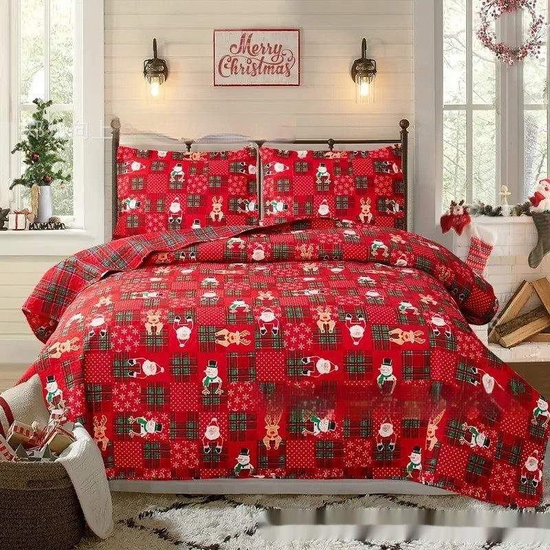 HKM-971283 Christmas Peach Skin Fabric Bed Set with 2 Pillowcases - Multiple Sizes Available