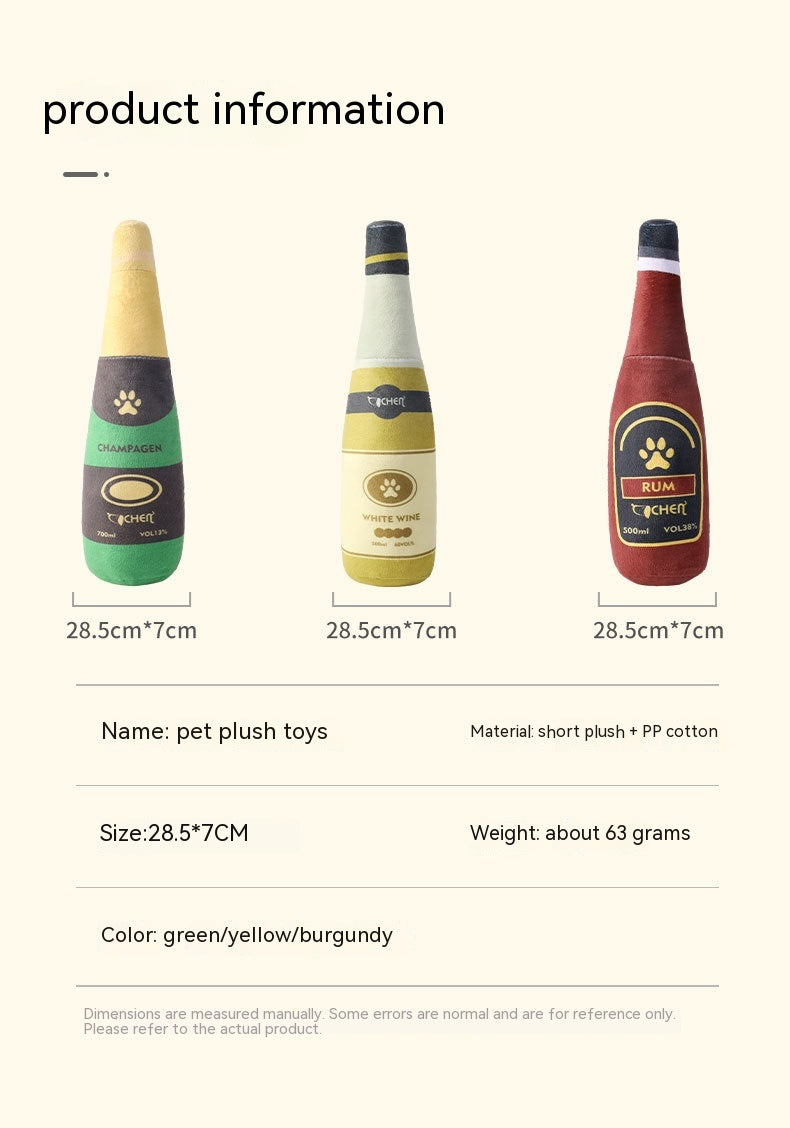 HKM-9715517 Bite-Resistant Plush Dog Toy in Champagne Bottle Design - Green, Yellow, Wine Red