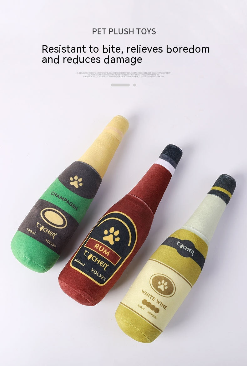HKM-9715517 Bite-Resistant Plush Dog Toy in Champagne Bottle Design - Green, Yellow, Wine Red