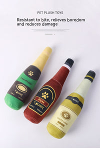 HKM-9715517 Bite-Resistant Plush Dog Toy in Champagne Bottle Design - Green, Yellow, Wine Red