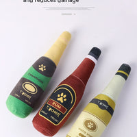 HKM-9715517 Bite-Resistant Plush Dog Toy in Champagne Bottle Design - Green, Yellow, Wine Red