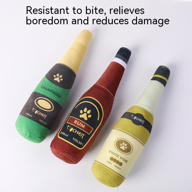 HKM-9715517 Bite-Resistant Plush Dog Toy in Champagne Bottle Design - Green, Yellow, Wine Red