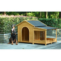 HKM-9725245 Large Wooden Outdoor Dog House with Porch for Medium to Large Breeds, Pine and Asphalt Roof Design