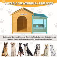 HKM-9725245 Large Wooden Outdoor Dog House with Porch for Medium to Large Breeds, Pine and Asphalt Roof Design