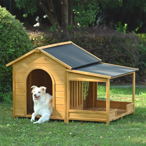 HKM-9725245 Large Wooden Outdoor Dog House with Porch for Medium to Large Breeds, Pine and Asphalt Roof Design