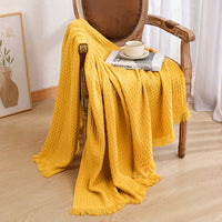 HKM-972627 Solid Color Waffle Knit Blanket - Available in Beige, Khaki, Caramel, Lotus Green, Light Gray, Turmeric - Two Sizes