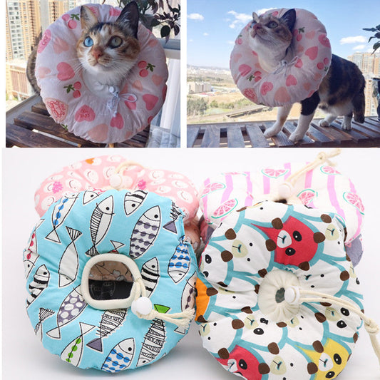 HKM-9729341 Soft Cotton Elizabethan Ring for Cats - Anti-Bite, Anti-Lick, Anti-Scratch Headgear in Blue Fish, Gray, Pink Cat, Multiple Sizes Available