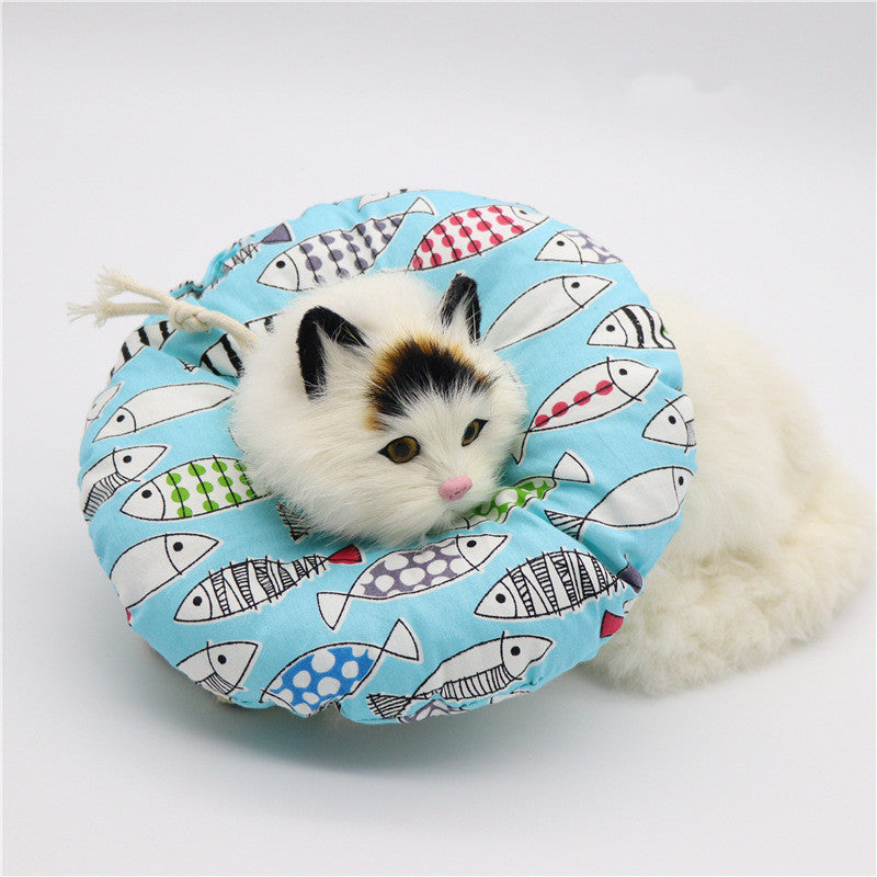 HKM-9729341 Soft Cotton Elizabethan Ring for Cats - Anti-Bite, Anti-Lick, Anti-Scratch Headgear in Blue Fish, Gray, Pink Cat, Multiple Sizes Available