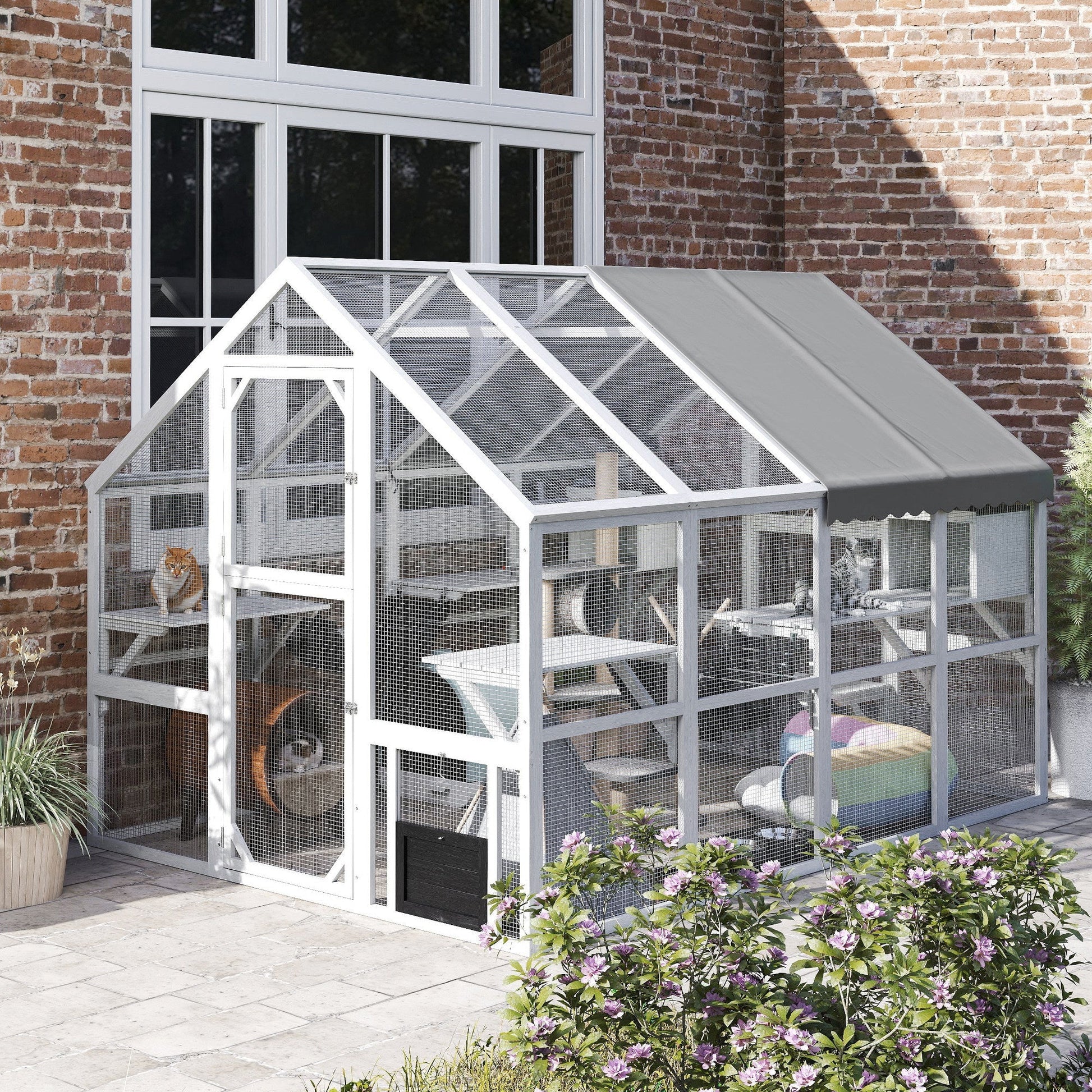 HKM-9731005 Outdoor Wooden Cat Enclosure with Waterproof Cover, 2 Condos, 6 Platforms, and Easy Access Doors in White