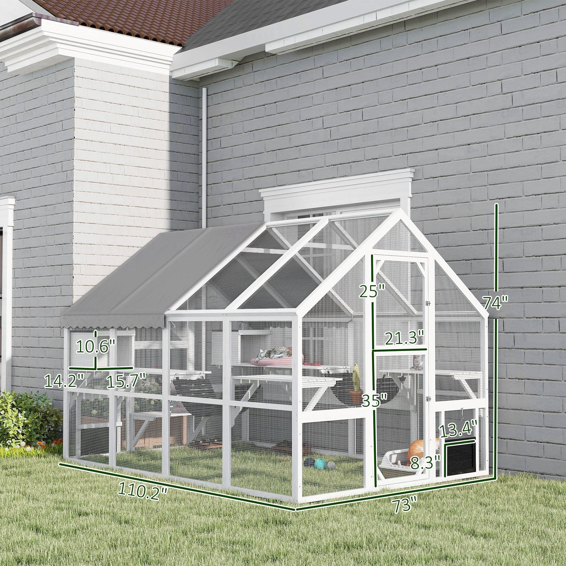 HKM-9731005 Outdoor Wooden Cat Enclosure with Waterproof Cover, 2 Condos, 6 Platforms, and Easy Access Doors in White