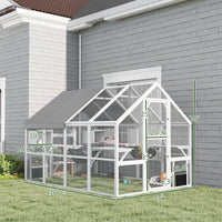 HKM-9731005 Outdoor Wooden Cat Enclosure with Waterproof Cover, 2 Condos, 6 Platforms, and Easy Access Doors in White
