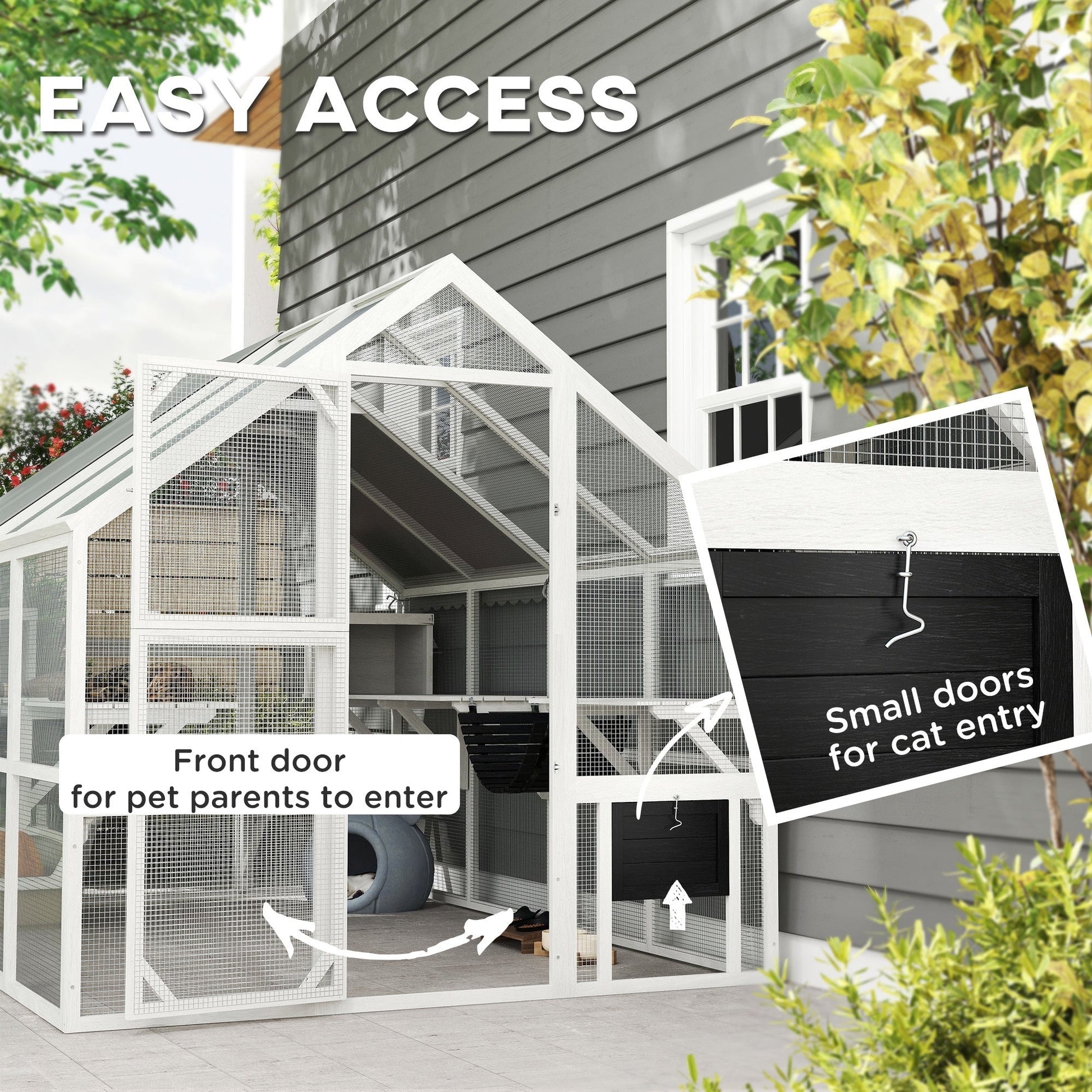 HKM-9731005 Outdoor Wooden Cat Enclosure with Waterproof Cover, 2 Condos, 6 Platforms, and Easy Access Doors in White