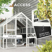 HKM-9731005 Outdoor Wooden Cat Enclosure with Waterproof Cover, 2 Condos, 6 Platforms, and Easy Access Doors in White