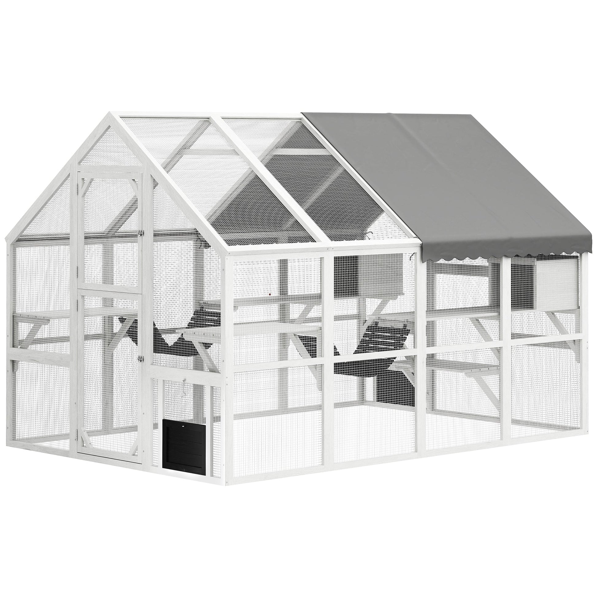 HKM-9731005 Outdoor Wooden Cat Enclosure with Waterproof Cover, 2 Condos, 6 Platforms, and Easy Access Doors in White