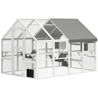 HKM-9731005 Outdoor Wooden Cat Enclosure with Waterproof Cover, 2 Condos, 6 Platforms, and Easy Access Doors in White