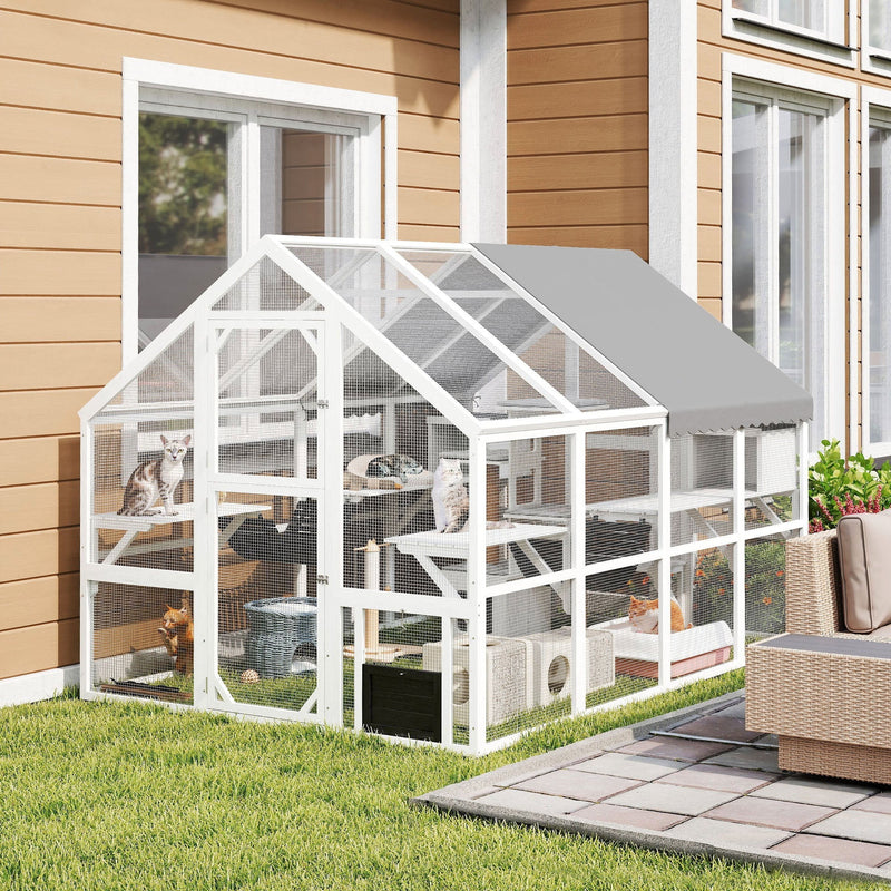 HKM-9731005 Outdoor Wooden Cat Enclosure with Waterproof Cover, 2 Condos, 6 Platforms, and Easy Access Doors in White