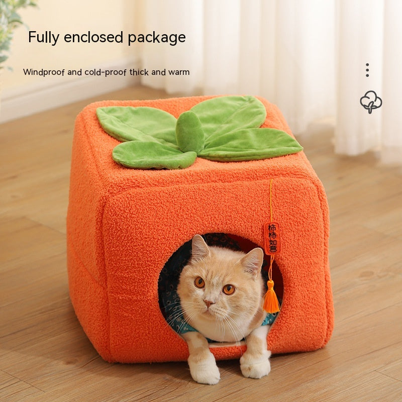 HKM-9731389 Cozy Lucky Persimmon Pet Bed for Cats - Mohair Corduroy Nest