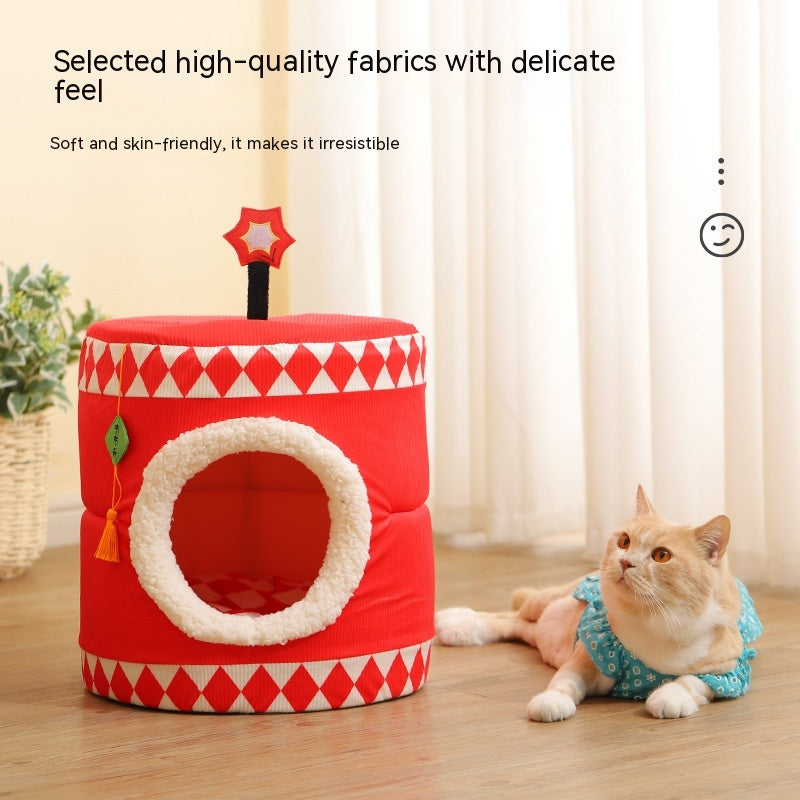HKM-9731389 Cozy Lucky Persimmon Pet Bed for Cats - Mohair Corduroy Nest
