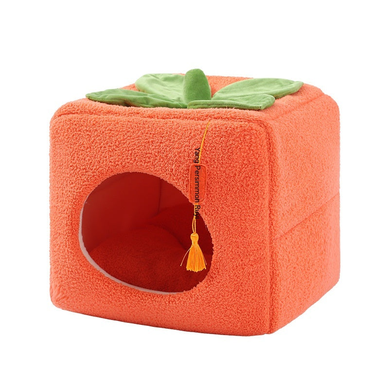 HKM-9731389 Cozy Lucky Persimmon Pet Bed for Cats - Mohair Corduroy Nest