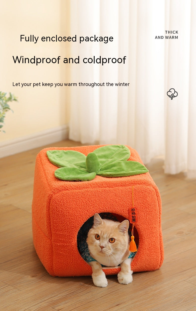 HKM-9731389 Cozy Lucky Persimmon Pet Bed for Cats - Mohair Corduroy Nest