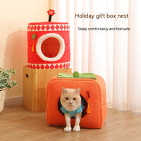 HKM-9731389 Cozy Lucky Persimmon Pet Bed for Cats - Mohair Corduroy Nest